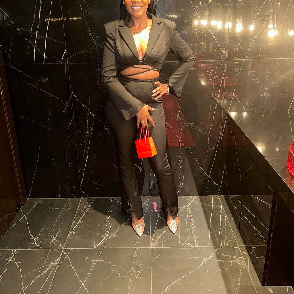 Black split hem tie waist cut out blazer jumpsuit